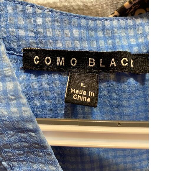 Como Black Women’s Size L Sheer Light Blue Check Blouse Long Sleeve V-Neck - Picture 5 of 7